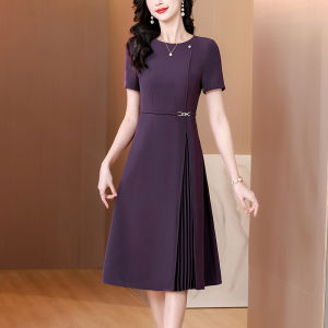 Impression Fashion Women Elegant Plain Round Neck Short Sleeve Tunic Pleated A-line Long Dress Plus Size