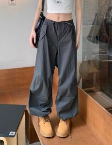 Low Waist Drawstring Black Work Pants Womens Spring Summer Loose Casual Straight Leg Trousers Wide Leg Long Trousers