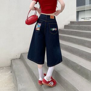 S-6XL กางเกงยีนส์ขาสั้นผู้หญิง ทรงหลวม เอวสูง สีฟ้า ทรงเรโทร กางเกงขายาวครอป