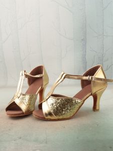 Leather Dance Shoes Latin Cha-Cha Toe-Open T-Strap Roman Sandals Womens Fashion Low-Top Glittering High Heels PU Lining