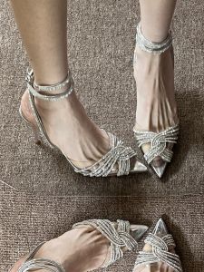 Transparent Cross Sparkling Rhinestones Pointed High Heels Women 2024 New Arrival Closed Toe Fairy Style Stiletto Heel Roman Sandals Women