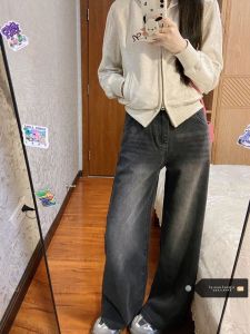 กางเกงยีนส์ทรงตรงเอวสูงสีเทาดำสำหรับผู้หญิงในฤดูใบไม้ร่วงและฤดูหนาว กางเกงขายาวทรงหลวม ผ้าเดนิม ผ้าฝ้าย ทรงหลวม ลำลอง