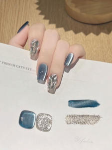 Handmade Cat Eye Nail Art Crystals Blue Glass Beads Detachable Wearable False Nails Bright Color Series Pure Handmade Craft