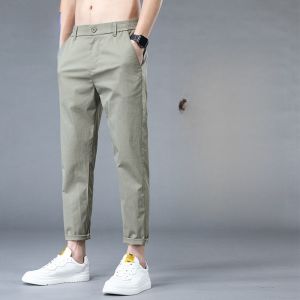 ROMON | Lormen Mens Casual Pants Summer Thin Trendy Elastic Ice Silk Quick Dry Loose Straight Nine-Point Pants Cotton Nylon Spandex