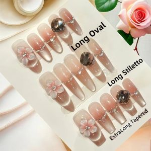 10 Móng Tay Giả 3D Hoa Cúc Màu Trắng Khói Trang Trí Đá Pha Lê Mắt Mèo Kèm Dụng Cụ Phong Cách Y2K Nhựa Mềm Mại Tự Dính