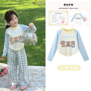 Princess Style Long Sleeve Childrens T-shirt Cartoon Print Shoulder Insert Design for Little Girls Spring Autumn Wear