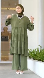 Tulus Signature Lega Set LD 110 / Oneset Wanita Muslim Setelan Celana & Long Tunik Bahan Crinkle Airflow Premium Polos Lengan Panjang Busui Friendly