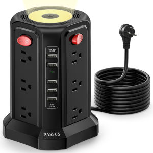 10FT Extension Cord with 12 AC Multiple Outlets 5 USB Ports and Night Light PASSUS Surge Protector Power Strip Tower