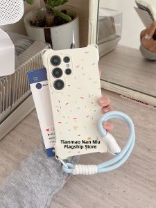 Samsung S25 Ultra Phone Case with Blue Lanyard Anti-Fall Protection Soft Shell Four Corner Hang Hole Design Simple Graffiti Personality