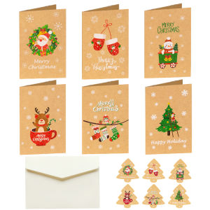 6Sets Christmas Greeting Cards Vintage Kraft Gift Card with Envelope & Sticker Santa Claus Reindeer Assorted Holiday Postcard