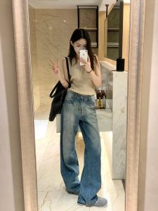 Quần Jeans Denim Xanh Mát Phong Cách Mỹ Cổ Điển Cho Nữ Quần Ống Rộng Dài Đến Sàn Cạp Cao Quần Dài Thường Ngày