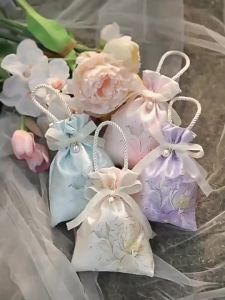 10 Chiếc Trung Quốc Vải Satin Túi Đựng Kẹo Có Dây Rút Di Động Tặng Túi Đóng Gói Cho Đám Cưới Sinh Nhật Trang Sức Túi Cầm Tay