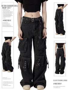 Slim Fit High Waist Wide Leg Jeans Womens Black Denim Pants Spring Loose Trousers with Multiple Pockets Casual Workwear