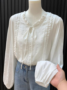 French Style Lace Trim Belted Womens Shirt Spring Autumn Gentle Style White Top Elegant Soft Feel Long Sleeve round Neck