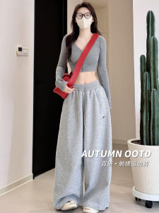 Grey American Embroidery Sport Pants Women High Waist Loose Wide Leg Casual Slimming Drawstring Trousers Street Style