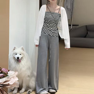 Shalldoer | Summer Fashion Striped Womens Three-Piece Set Sunscreen Cardigan Casual Pants Long Sleeve Round Neck Button-Up Clothing