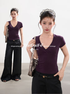 BAIDAIFEI | Purple V-Neck Fitted Short T-Shirt