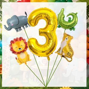 Bộ Bóng Bay Trang Trí Hình Động Vật Rừng Với Số Vàng 0-9 Thiết Kế Hoạt Hình Dành Cho Tiệc Trẻ Em - Sư Tử Voi Cá Sấu Báo Đốm