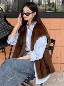 Vintage Style Womens Faux Fur Jacket Wide Shoulder Full Size Mink Vest Short Length V Neck Commute Style Fashionable Outerwear