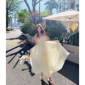 ชุดเดรสยาวสไตล์ฝรั่งเศส ชุดไปงานวันเกิดชายหาด ชุดหวาน แขนกุด คอวี กระโปรงทรงเค้ก ชุดเดรสผู้หญิง ชุดเดรสฤดูร้อน