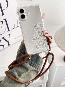 Fashionable Acrylic Phone Case for  16 pro with Flower And Rabbit Design Womens Style Crossbody Lanyard Simple Couples Choice