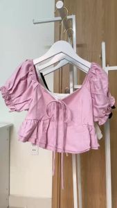 Hồng tím/ Trắng/ Đen Vải đũi mềm xốp Áo croptop babydoll tay ngắn bồng dây cột 2 kiểu lưng bo chun co giãn dễ thương năng động BOHI TOP