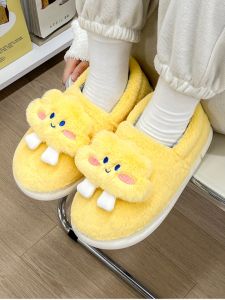 Cute Cotton Slippers with Heel for Women Home Use Anti-Slip Warm Plush Winter Autumn Indoor Couples Slippers Cartoon Style