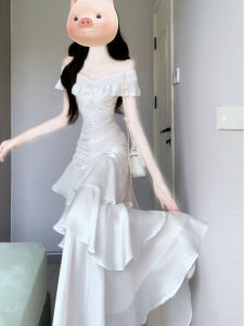 CHANGTONG | Off-Shoulder Fitted Waist Flounce Dress Long