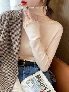 Pure Cotton Turtleneck Long Sleeve Womens Base Shirt Fashionable Wood Grain Edge Slim Fit Autumn Winter New Style Top