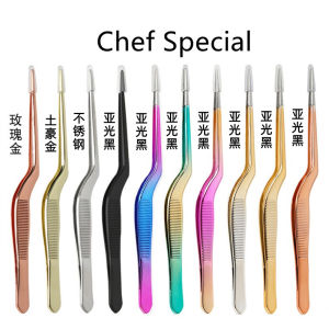 Golden Stainless Steel Kitchen Tweezers Tool for Chef Plate Arrangement Bent Handle Small Size 14cm Rose Gold Black Colorful
