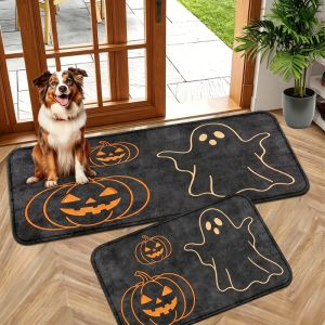 VIKAMA Cute Halloween Pumpkin Ghost Flannel RugNon Slip Absorbent Doormat Soft Flannel Floor Mat for Indoor Home Holiday Decor