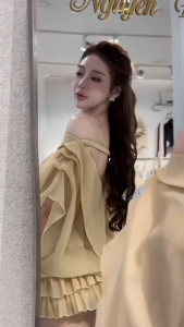 CR_ Set bánh bèo xinh xắn outfit dự tiệc set tiểu thư Tơ Ánh Kim áo trễ vai cách điệu kèm chân váy tầng ngắn đính hoa