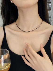 Gold Plated Copper Black Crystal Stone Separator Silver Bead Necklace for Women Fashionable Personality Layering Choker Necklace