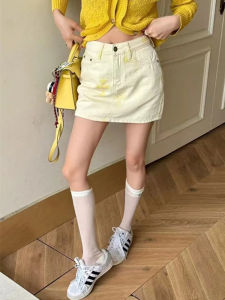 Váy Ngắn Chữ a Cạp Cao Thêu Họa Tiết Mùa Hè Cho Nữ Váy Ngắn Denim Màu Vàng Phong Cách Hàn Quốc Thiết Kế Mới Váy Ngắn Chữ a