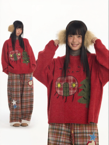 JNXS | Round Neck Apple Pattern Christmas Tree Sweater