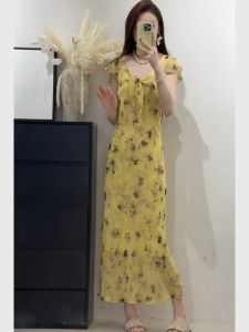 French Style Yellow Dress Womens Summer New High Waist V-neck Tie Long Dress Floral Print Commute Polyester Fiber A-line Skirt
