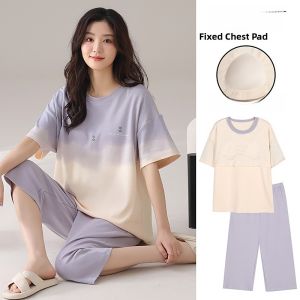 miiow | Pure Cotton Sleepwear With Chest Pad Womens Two-Piece Set Home Clothes Can Be Worn Outside Summer Casual Round Neck Sleeveless