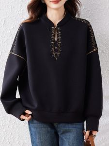 Loose Fit Womens Sweatshirt Heavy Embroidery Fashionable September New Arrival Big Size Quidian Street Style Long Sleeve Crew Neck