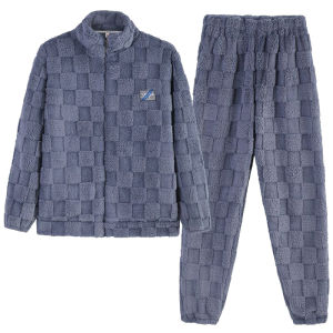 Autumn and Winter Pajamas Men Coral Fleece Fleece-lined Thickened Thermal Flannel Winter Loungewear Mens Winter Suit