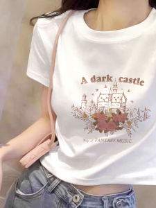 White Short Cotton T-Shirt Womens Loose Fit Summer Slimming Design Korean Style round Neck Print Top Casual Fashion