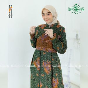 GAMIS DRESS BATIK MUSLIMAT NU 2025 SERAGAM PEGAJIAN NU WANITA HIJAU TUA SANWOS KLOK MAYUNG PREMIUM