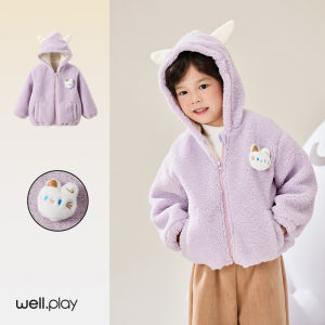 Wellber Fleece Lined Thickened Hooded Jacket for Girls And Boys Autumn Winter Style Childrens Outerwear Polyester Fiber