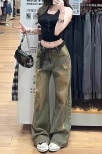 กางเกงยีนส์ทรงหลวมเอวสูงสไตล์อเมริกันย้อนยุคสำหรับผู้หญิง กางเกงขายาวทรงตรงทรงหลวม กางเกงยีนส์ทรงหลวมสำหรับผู้หญิง