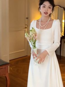 korean white long dress for civil wedding plus size graduation dress formal attire long sleeve women