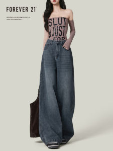 Forever 21 American Retro Blue Wide Leg Denim Pants Women Winter Pear Shape Drape High Waist Straight Floor Length Trousers