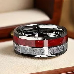 8MM Women Luxury Red Store Wedding Band Party Jewelry Unique Mens Rings Silver Meteorite Inlay Stainless Steel Ring Gift