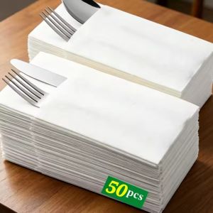 50Pcs Disposable Dinner Paper Pockets White Prefolded Paper Napkins Built-in Flatware Pockets Napkins Christmas Wedding Party Supplies