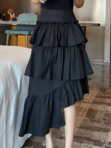 Summer 2025 Retro High Waist Pleated Asymmetrical Hem Plaid Midi A-Line Skirt Womens Cake Skirt Other Material 100%