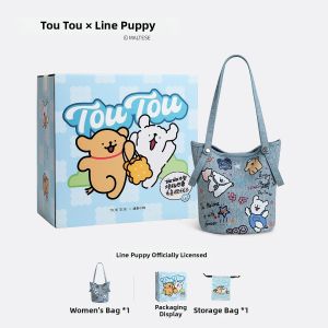 TOUTOU | Cartoon Doodle Tote Bucket Bag Large Capacity For Commuting Denim