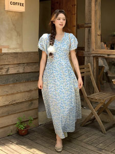 YINLUOYA | 2025 Summer Vintage High Waist A-Line Dress Floral Fabric Pleated Waist Cinching Midi Length Bubble Sleeve V-Neck Casual Work Home